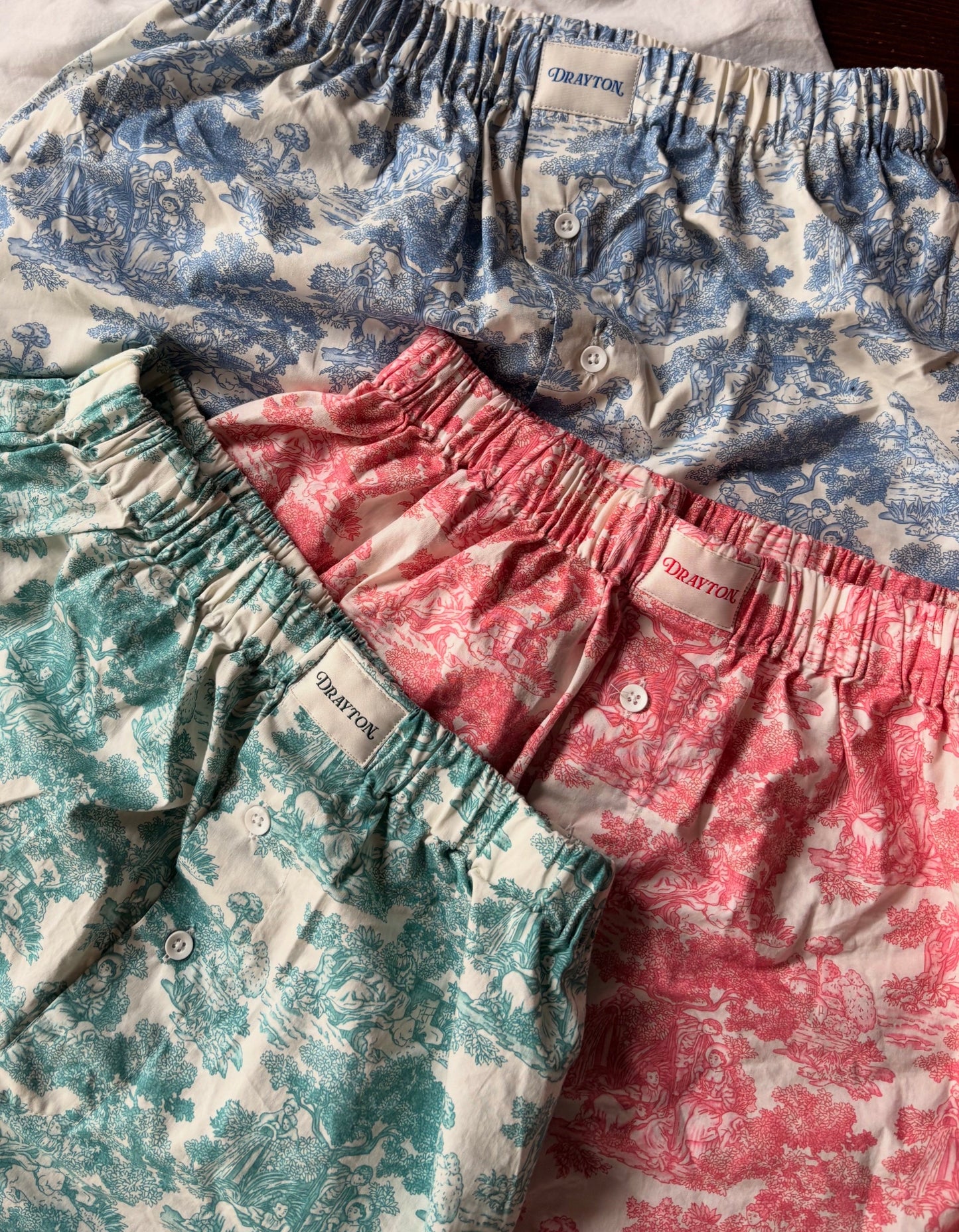 Toile de Jouy Boxer Shorts Set - 3 Pack Unisex Cotton Poplin, Made in England